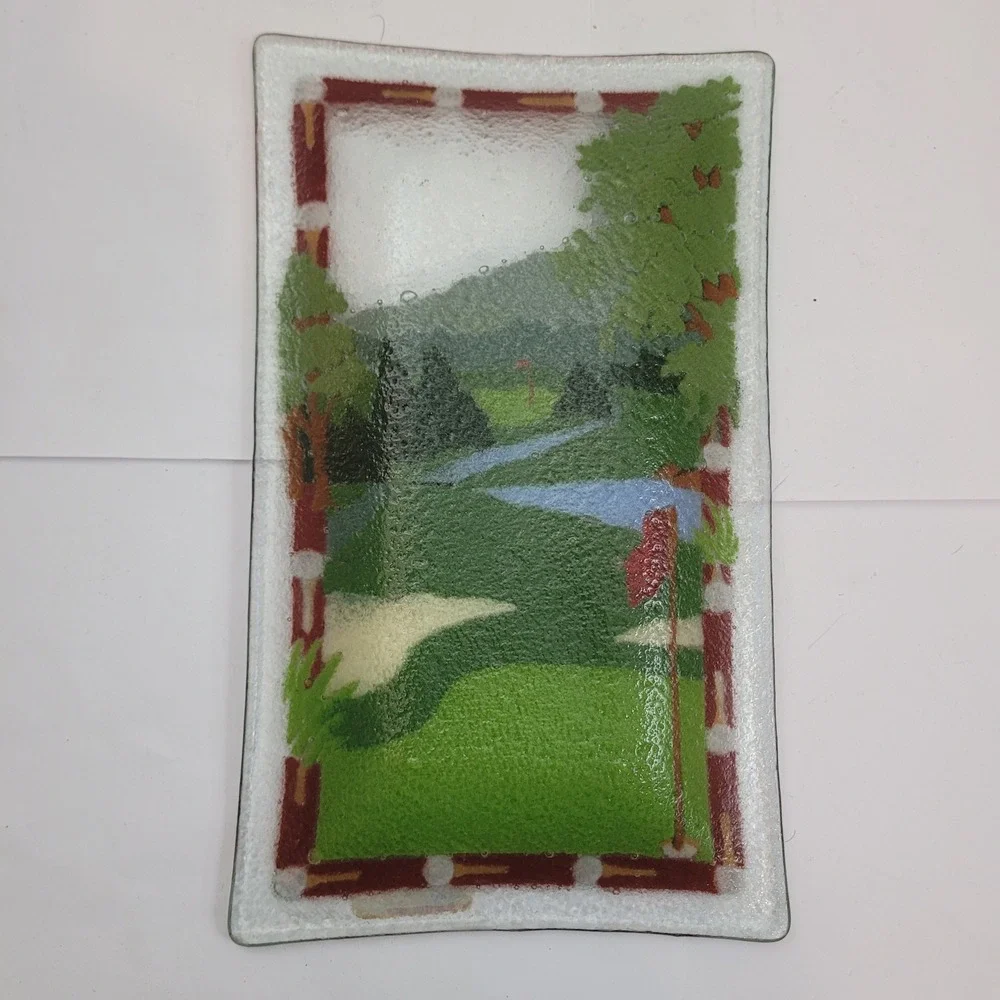 Peggy Karr Glass Fused Art Tray Golf Course Landscape Handmade USA 9.5in